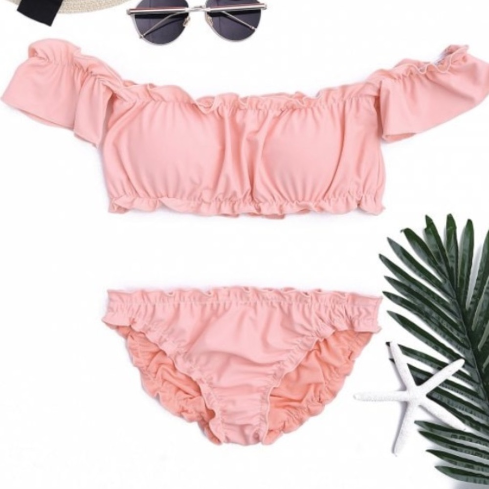 Pink ruffled off the shoulder bikini